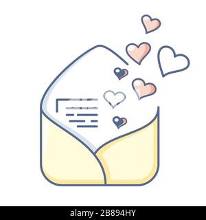 Öffnen Sie den Umschlag mit einem Buchstaben und rosafarbenen Herzen. Liebeserklärung, Valentinstag, Einladung zur Hochzeit Stock Vektor