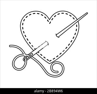 Herz mit einer Nadel auf weißem Hintergrund. Die Nadel durchläuft das Herz des Gewebes. Symbol für Vorzeichen, Doodle-Stil Stock Vektor