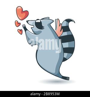 Liebevoller Waschbär mit Engelsflügeln fliegt nach roten Herzen. Cartoon-Tier. Liebeskonzept, Valentinstag. Vektor Stock Vektor