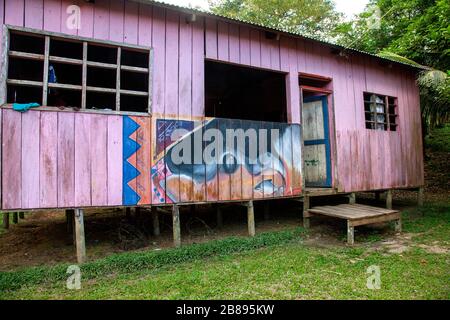 Exotische Gemälde an Häusern der Ticuna-Stammgemeinschaft, Mocagua, Amazonas-Regenwald, Kolumbien Südamerika. Stockfoto