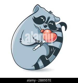 Süßer Waschbär leckt einen süßen, herzförmigen Lollipop. Cartoon-Tier. Liebeskonzept, Valentinstag. Vektor Stock Vektor