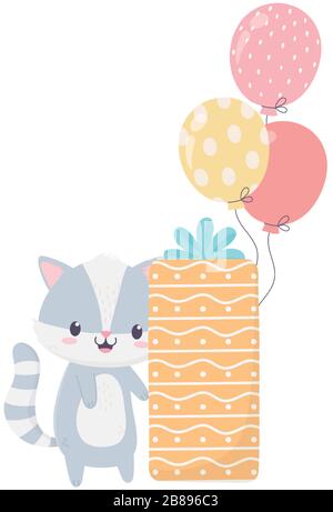 Happy Birthday Waschbär mit Geschenkbox und Ballons Feier Dekoration Karte Vektor Illustration Stock Vektor