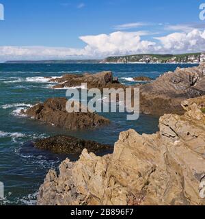 Eine malerische Aussicht von den Wanderwegen auf Burgh Island, mit Blick über das felsige Vorland und entlang der Küste von South Devon, England, Großbritannien Stockfoto