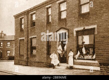 Huddersfield Industrial Society - ein frühes Foto von Oakes Butchers Shop Stockfoto