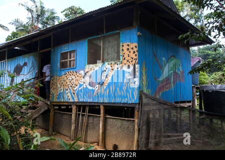 Exotische Gemälde an Indianerhäusern der Ticuna-Stammgemeinschaft, Mocagua, Amazonas-Regenwald, Kolumbien, Südamerika. Stockfoto