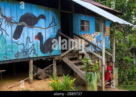 Exotische Gemälde an Indianerhäusern der Ticuna-Stammgemeinschaft, Mocagua, Amazonas-Regenwald, Kolumbien, Südamerika. Stockfoto