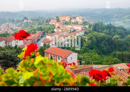 Chiusi Scalo beherbergt in der Toskana, in der Stadt Italiens Stadtbild und rote Geranienblüten im Garten im Vordergrund auf der Terrasse mit Blick auf die Landschaft Stockfoto