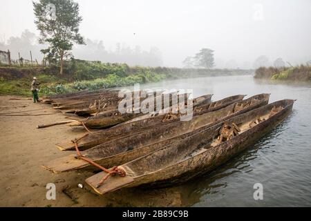 Am frühen Morgen Kanufahren auf dem Narayani Rapti River im Chitwan National Park, Nepal Stockfoto