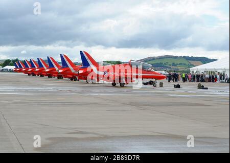 Die roten Pfeile auf der Internationalen Luftfahrtschauausstellung RAF Leuchars 2011 Stockfoto