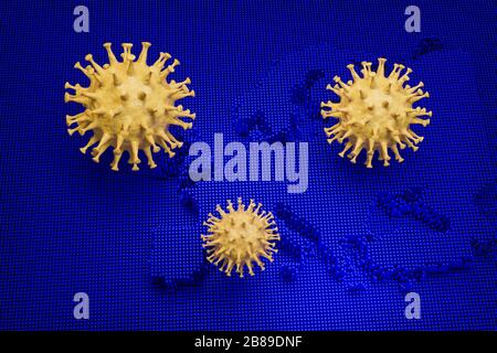 3D Render: Ausbruch des neuen Coronavirus SARS-COV-2 in Europa - Schematisches Bild der Viren der Corona-Familie auf einem blauen Bild einer europakarte Stockfoto