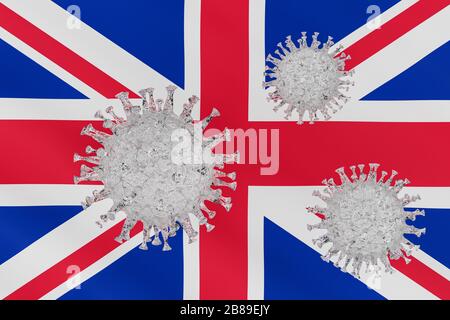 3D Render: Ausbruch des neuen Coronavirus 2019-nCoV COVID-19 in Großbritannien - Schematischer Imodel eines Virus der Corona-Familie auf britischer Flagge Stockfoto