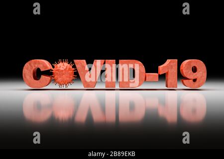 3D-Rendering: Corona-Virus - Schematisches Bild von Viren der Corona-Familie, die in den Text "COVID-19" eingebettet sind. Stockfoto