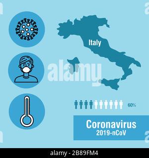 Infografik "Covid 19" mit karte und Symbolen für italien Stock Vektor