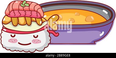 Kawaii Sushi Tempura Fisch und Suppennahrung japanische Cartoon-Vektor-Illustration Sushi und Rollen Stock Vektor
