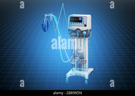 Visualisierung 3D-Cad-Modell des medizinischen Beatmungsgeräts ICU. 3D-Rendering Stockfoto
