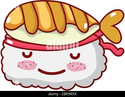 Kawaii Sushi Reis Tempura Fisch Cartoon, Sushi und Rollen Vektor Illustration Stock Vektor