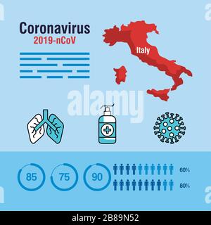 Infografik "Covid 19" mit karte und Symbolen für italien Stock Vektor