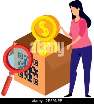 Frau und Code qr in Box und Icons Stock Vektor