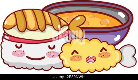 Kawaii Sushi Tempura Fisch und Suppennahrung japanische Cartoon-Vektor-Illustration Sushi und Rollen Stock Vektor