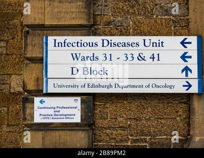 Schild für Infektionskrankheiten, Western General Hospital, Edinburgh, Schottland, Großbritannien Stockfoto