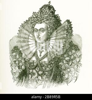 Elizabeth I., die hier in dieser Illustration aus den frühen 1900er Jahren gezeigt wurde, war vom 17. November 1558 bis zu ihrem Tod am 24. März 1603 Königin von England und Irland. Manchmal auch als "Virgin Queen", "Gloriana" oder "Good Queen Bess" bezeichnet, war Elizabeth die letzte der fünf Monarchen des Hauses Tudor. Stockfoto