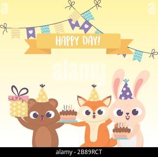 Happy Day, Fuchs Kaninchen und Bär mit Hüten Kuchen Geschenk Vektor Illustration Stock Vektor