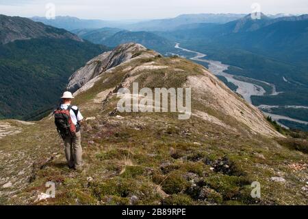 Ein Solo-Wanderer, der auf einem Berggipfel in den Boundary Ranges der Coast Mountains, oberhalb des Stikine River Valley, British Columbia, Kanada steht. Stockfoto
