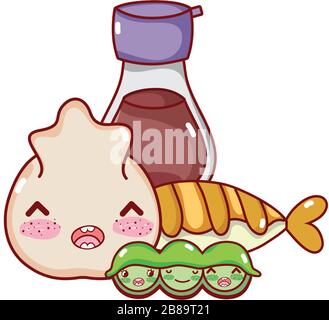 Kawaii kippende Sake Tempura Erbsen Essen japanische Cartoon-Vektor-Illustration Sushi und Rollen Stock Vektor