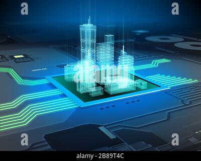 Moderne Stadtbauten auf einer Leiterplatte. 3D-Abbildung. Stockfoto