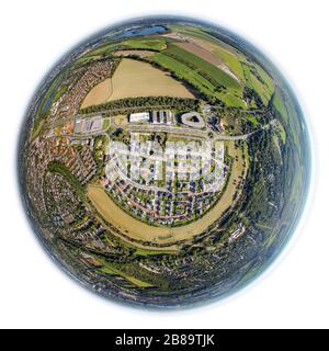 Angerbogen im Süden von Duisburg mit Metrao-Station Kesselsberg, deutsche Anlage von Xell, Infineon Development Center und Hotel Landhaus Milser, Luftaufnahme, Deutschland, Nordrhein-Westfalen, Ruhrgebiet, Duisburg Stockfoto