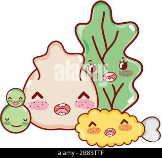 Kawaii Huhn Tempura Gemüse und dumme japanische Cartoon-Vektor-Illustration Sushi und Rollen Stock Vektor