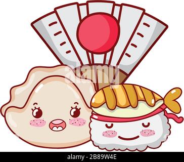 Kawaii Sushi Fisch Tempura und Fan-Food japanische Cartoon-Vektor-Illustration Sushi und Rollen Stock Vektor