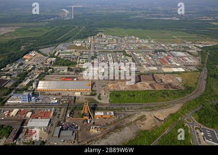 Das ehemalige Schachtwerk und die Bayer Pharma AG in Bergkamen, 29.04.2011, Luftbild, Deutschland, Nordrhein-Westfalen, Ruhrgebiet, Bergkamen Stockfoto