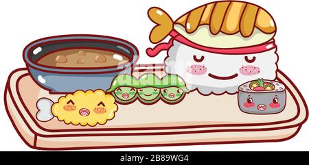 Kawaii Sushi peas tempura japanische Cartoon-Vektor-Illustration Sushi und Rollen Stock Vektor