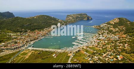 , Port d'Andratx mit Marina und Halbinsel Sa Mola auf Mallorca, 21.04.2003, Luftbild, Balearen, Mallorca, Port d Andratx Stockfoto