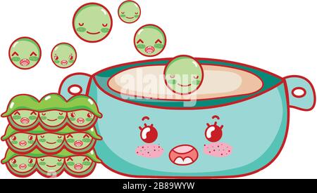 Fallende Erbsen in Topf kawaii Essen japanische Cartoon-Vektor-Illustration Sushi und Rollen Stock Vektor