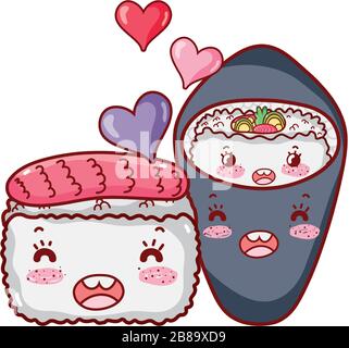 Kawaii Sushi und Temaki-Essen japanische Cartoon-Vektor-Illustration Sushi und Rollen Stock Vektor