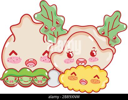 Kawaii tempura Erbsen Knödel und Plätzchennahrung japanische Cartoon-Vektor-Illustration Sushi und Rollen Stock Vektor