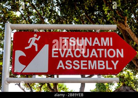 Tsunami-Warnschild, Sanur Beach, Bali, Indonesien. Stockfoto