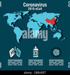 Infografik "Covid 19" mit Weltkarte und Symbolen Stock Vektor