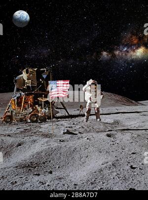 Astronaut auf der Landungsmission für Mond (Mond). Elemente dieses Bildes, das von der NASA eingerichtet wurde. Stockfoto