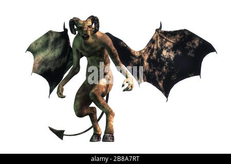 In den Kiefernbarrenen steht eine hoogefütterte Kreatur mit Tierkopf, Hörnern und Fledermausflügeln. Der Jersey Devil ist ein legendäres Kryptid des südlichen New Jersey. Stockfoto