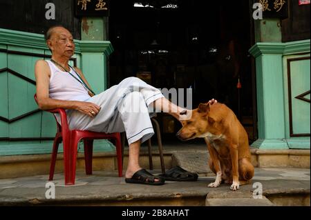 Chinesisch-Vietnamesischer Mann sitzt mit seinem Hund vor seinem Laden, Hoi an, Vietnam Stockfoto