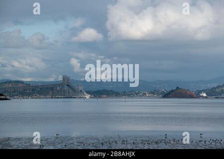 Die East Bay ist von Corte Madera, CA, sowie dem San Quentin State Prison und der Richmond-San Rafael Bridge aus zu sehen. Stockfoto