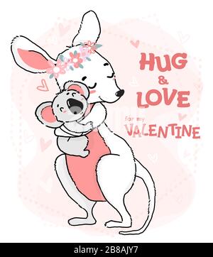 Süße Zeichnung Koala Umarmung und Liebe Känguru, Flat Vector Animal Character Cartoon Idee für Grußkarte, Kindermotiv und Kindermaterial, für mein val Stock Vektor