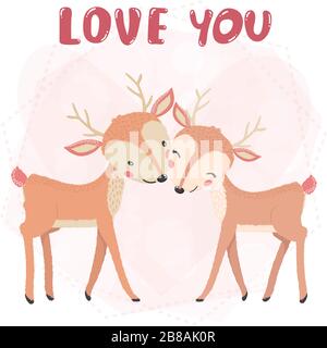 flaches Vektor niedliches Paar Rentier Lächeln, Kuss mit Liebe Sie Wort, valentinskarte, niedliche Tier-Charakter-Idee für Kinder und Kinder druckbare Sachen und t sh Stock Vektor