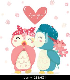 Süßer blauer Pinguinjunge mit Blumenkuss glücklich pinkfarbenes Pinguinmädchen mit großem Liebe Herz, pastellfarbenes Cartoon-Character-Design für Grußkarte Stock Vektor