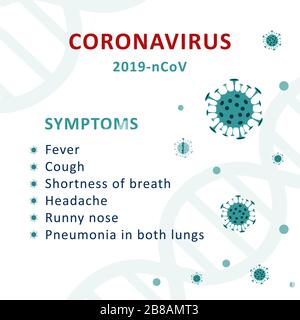 Coronavirus 2019-nCoV-Infografiesymptome. Designkonzept zum Schutz vor einer viralen Pandemie. Flache Vektorgrafiken. Stock Vektor