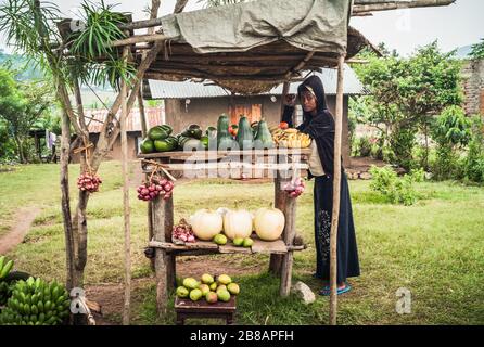 Kasese, Uganda - 22. Juli 2011: Junge schwarze Frau vor Ort, die Obst auf einem Markt Stall oder Stand verkauft. Stockfoto