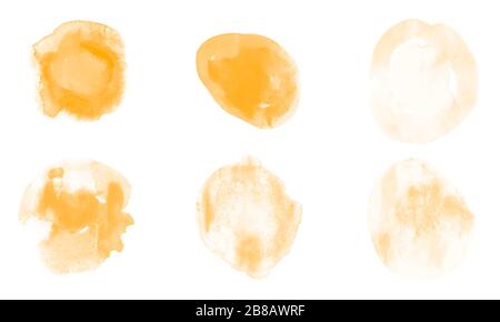 Set von gelben Aquarell isolierte Kreis Pinsel für Malerei. Schöne gelbe Aquarell-Blots Stockfoto